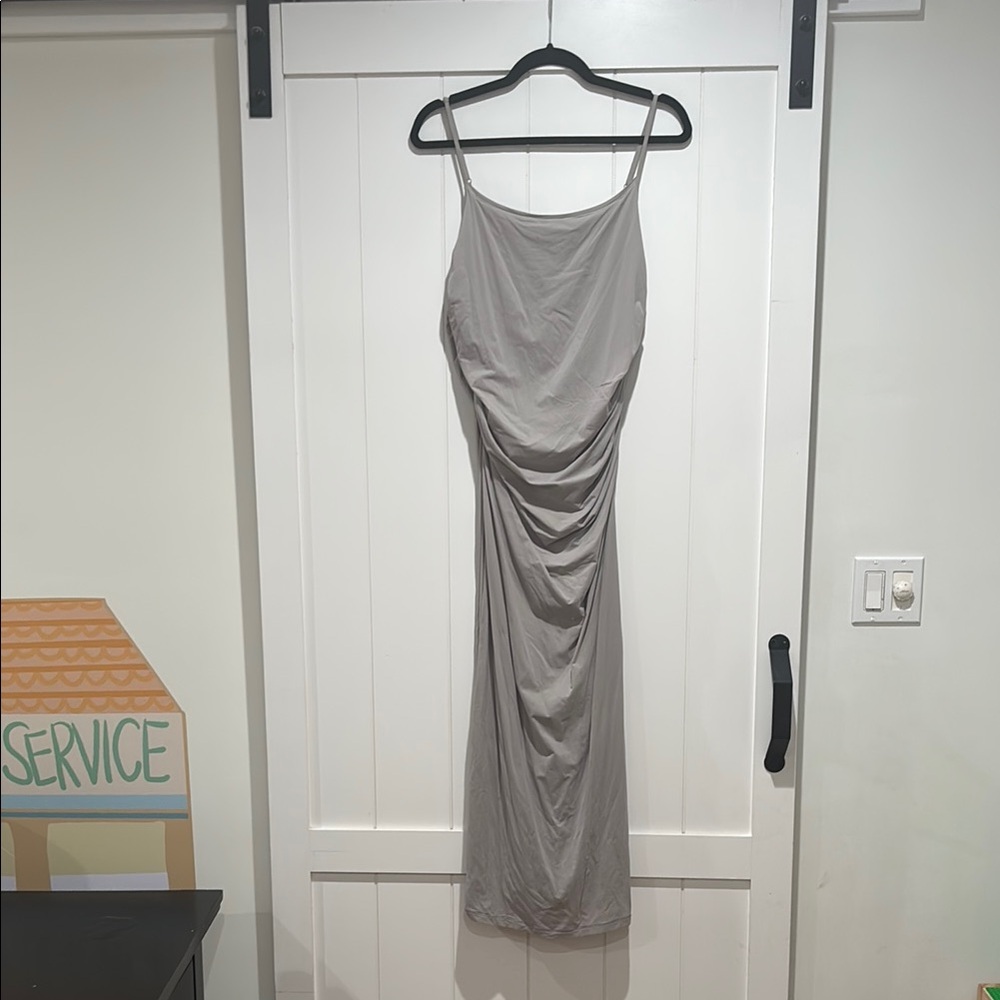 Elegant Gray Ruched Maxi Dress